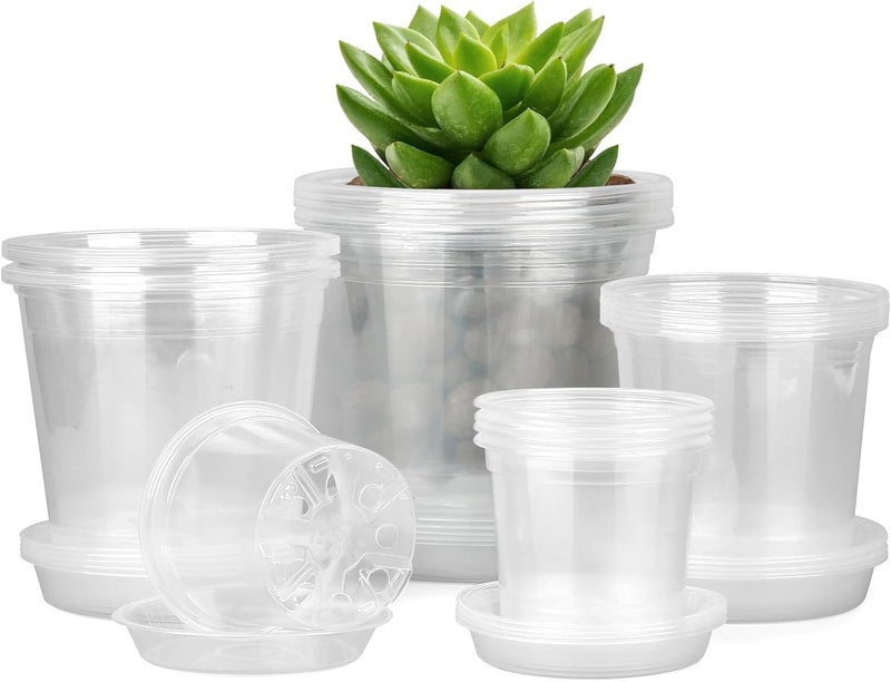 FUIJOL 4/5/6/7 Inch Clear Nursery Pots for Plants with Sacuers 20 Pack, Plastic Flower Pots with Drainage Holes, Variety Pack Seedlings Garden Pot for Indoor Outdoor (4+5+6+7 inch) - Image 1